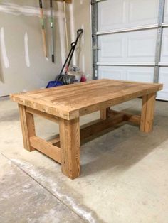 a table made out of pallet wood in a garage