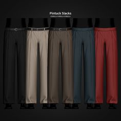 four different colored pants with black, brown, red and tan slacks on them in various colors