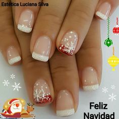 Xmas French Nails, Nails Cristhmas Ideas, French Manicure Christmas Nails, Christmas Sns Nails Ideas, French Tip Christmas Nail Ideas, Winter French Nails, Snow Flake Nail Art, Christmas French Manicure, Christmas Nails French