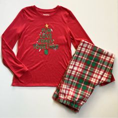 Christmas Holiday Pajamas - Plaid Bottoms And Red Top With Tree Made Out Of The Words Fun, Love, Family And Together. Size Xl 14/16. Smoke Free/Pet Free. I'm Happy To Help With Questions! Lm1 Red Family Matching Bedtime Sets, Red Family Matching Long Sleeve Sleepwear, Red Family Matching Sleepwear For Sleepover, Red Family Matching Holiday Sleepwear, Family Matching Red Sleep Sets, Family Matching Sleep Sets In Red, Red Cotton Holiday Sleepwear, Toddler Christmas Pjs, Red Plaid Pajamas