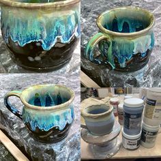 three different pictures of blue and green coffee mugs on top of a table with paint