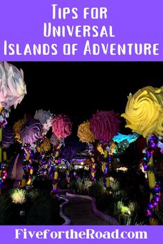 colorful lights and trees with text overlay that reads tips for universal islands of adventure