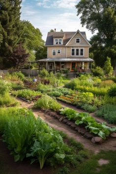 a large house with lots of plants in front of it