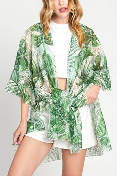 One SizeAppx. 35" x 32.5"Composition - Polyester Layering Lace, Beige Kimono, Kimono Beach Cover Up, Kimono Beach, Banana Palm, Bohemian Kimono, Beach Kimono, Summer Kimono, Tropical Leaf Print