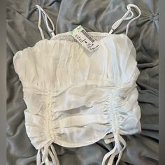 Perfect For Summer New With Tags, Selling Because Too Small White Ruched Tank Top For Summer, White Ruched Top For Vacation, White Ruched Tops For Beach, White Ruched Tops For The Beach, White Ruched Beach Top, White Ruched Crop Top For Day Out, Black Leather Crop Top, White Bustier, Baby Tank