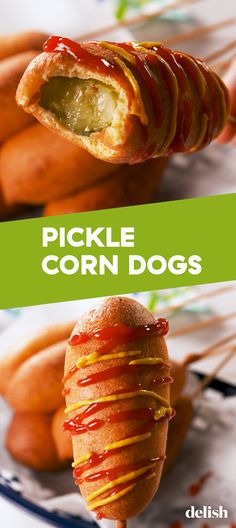 pickle corn dogs on a stick with ketchup