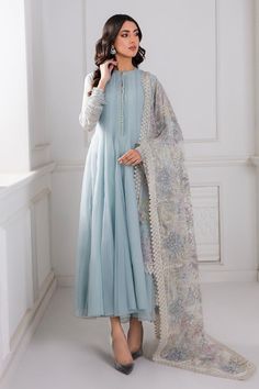 Pastel Blue Anarkali, Pakistani Dupatta Designs, Pakistani Frock Design, Blue Pakistani Dress, Dyed Pants, Pakistani Party Wear, Party Frocks