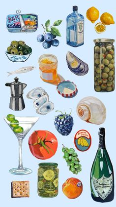 a painting of various foods and drinks on a blue background, including lemons, olives, tomatoes, grapes, cucumbers, and more