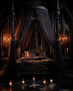 a canopy bed with candles on the floor