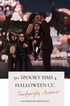 a group of people dressed up in halloween costumes with the words spooky sims 4