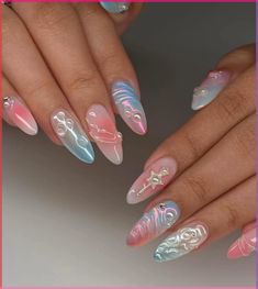 Pastel Perfection: Embrace the soft, delicate hues of spring with pastel-colored almond nails. Think baby blue, blush pink, lavender, or mint green. Add some floral or geometric nail art for an extra touch of springtime charm.\n\nBotanical Beauties: Bring the beauty of nature to your nails with botanical-inspired designs. Consider delicate leaf patterns, intricate floral motifs, or even tiny butterflies fluttering across your almond-shaped nails. These designs can be done in a variety of colors to Wave Nail Design, Wave Nails, Nagel Tips, Nail Length, Manicures Designs, Stick On Nails, Beauty Nail, Nails Inspo, Nail Arts