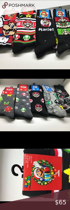 Super Mario Christmas Sock bundle Celebrate the holidays with this awesome set of socks. Five 2 pack socks 4 Super Mario themed (2 Christmas 1 NES themed Nintendo Underwear & Socks Casual Socks Black Winter Socks As Gift, Black Winter Socks For Gift, Black Winter Socks For Gifts, Yoshi Socks, Super Mario Christmas, Pokemon Venusaur, Mario Christmas, Barbie Crop Top, Nightmare Before Christmas Fluffy Socks