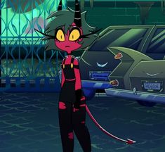 a cartoon character with an evil look on her face and black hair, standing in front of a car