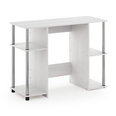 a white desk with two shelves on the top and one shelf below it, against a white background