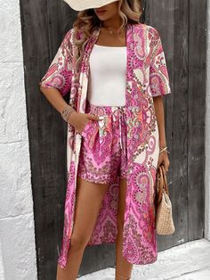 Rosa Fucsia Bohemio Collar   Paisley,Tribal,Plantas,Estampado Integral  Embellished No-Elástico Kimono With Shorts, Boho Paisley, Paisley Floral, Pink Boho, Kids Sleepwear, Two Piece Outfit, Front Open, All Over Print, Summer Women