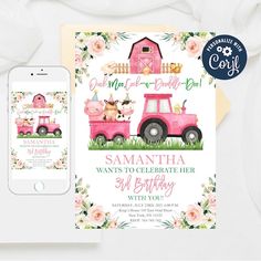 a pink truck with farm animals on it is next to an iphone and card that says,