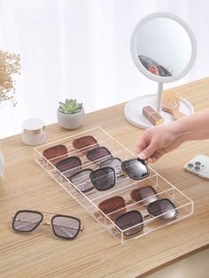 1pc Multifunction PMMA Desktop Sunglasses Storage Box, Minimalist Clear Organizer Tray For Home Clear    PMMA     Storage & Organization, size features are:Bust: ,Length: ,Sleeve Length: Sunglasses Organization, Sunglasses Organizer, Sunglasses Storage, Closet Accessories, نظارات شمسية, Clear Glasses, Accessory Organization, Storage Ideas, New Room