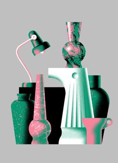 three vases are shown with one green and the other pink, on a gray background