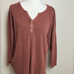 New With Tags. Looser Fit. Casual Orange Tops For Loungewear, Orange Long Sleeve Top With Buttons, Orange V-neck Top With Buttons, Brown Orange, Long Sleeve Tees, Button Up, Loose Fitting, Womens Tops, Tops & Tees