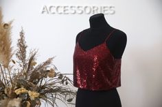 "Ready to ship item, no need to waiting for production, can ship today! Description: Item Number #1381 Sequin top Thin straps Bust circumference: XS - 83 cm chest (23.5 in) Total length: 41 cm (16 in) Color - Wine \"CONFETTI\" SEQUIN TOP Gentle luxury handmade sequin blouse. Beautiful neckline on the back. Perfect silk lining. Perfectly combined with tulle or any high waist skirts. Amazing sequin blouse for bridesmaids or any party. Your bridesmaids will be stunning! Lining: Italian silk satin s Party Crop Tops, Sequin Blouse, Wine Top, Cropped Tube Top, Buy Fabric, Sequin Fabric, Prom Party, Sequin Top, Silk Top