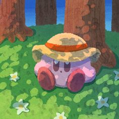 a drawing of a pink car with a hat on it's head sitting in the grass