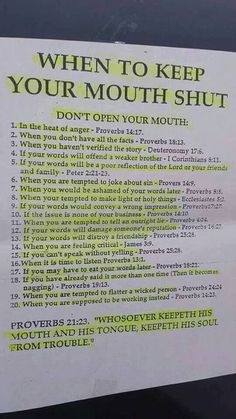 a sign posted on the side of a car that says, when to keep your mouth shut don't open your mouth