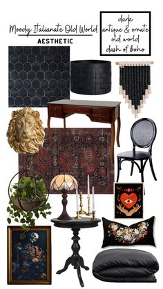 an assortment of furniture and decor items in black, white, red, and gold