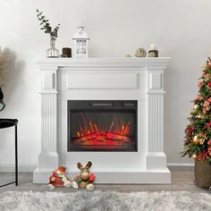 a christmas tree is in front of a fire place with stuffed animals on the floor