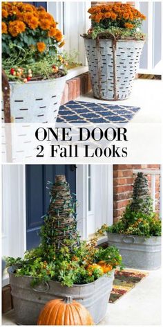 two pots with plants in them and the words, one door 2 fall looks