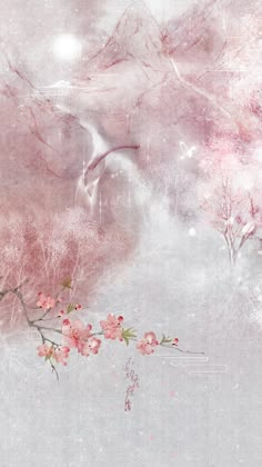 an artistic painting with pink flowers and birds