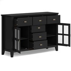 a black cabinet with drawers and doors open