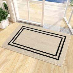 an area rug on the floor in front of a sliding glass door with a potted plant next to it