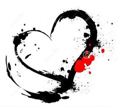 an abstract heart shape painted in black and red with paint splatters on it