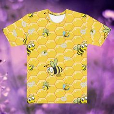 Sweet - see the bee, be the bee. Get to know your new favorite tee - it's super smooth, super comfortable, and made from a cotton touch polyester jersey that won't fade after washing.  * 95% polyester, 5% elastane (fabric composition may vary by 1%) * Premium knit mid-weight jersey * Four-way stretch fabric that stretches and recovers on the cross and lengthwise grains * Regular fit * Blank product components in the US and Mexico sourced from the US * Blank product components in the EU sourced from Lithuania Cute All Over Print Crew Neck T-shirt, Cute Crew Neck T-shirt With All Over Print, Bee Themed Outfit, Shades Of Gray Color, Elastane Fabric, New Year Holidays, The Bee, Bee Theme, Themed Outfits