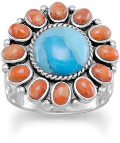 Oxidized sterling silver ring with a reconstituted turquoise and orange coral sunburst design. The reconstituted turquoise stone is approximately 10mm, and is surrounded by 2.5mm x 4mm orange coral stones. The sunburst design is approximately 22mm. This ring is available in whole sizes 6-10. .925 Sterling Silver 30 day satisfaction guarantee! Sterling Silver Round Turquoise Multi-stone Ring, Turquoise Coral Jewelry, Sunburst Ring, Elegant Multi-stone Turquoise Ring In Sterling Silver, Nickel-free Sterling Silver Turquoise Ring, One-of-a-kind Silver Turquoise Ring In Sterling Silver, Orange Jewelry, Adjustable Southwestern Turquoise Ring Nickel-free, Coral Ring