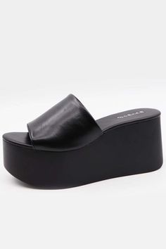 open toe, platform, wedges, mule, soft pu Black Platform Slides, Black Platform Wedges, Casual Beach Wear, Wedge Mules, Summer Wedges, Black Wedge Sandals, Black Platform, Black Wedges, 4 Inch Heels