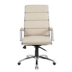 an office chair with chrome legs and white leather upholstered seat, viewed from the front