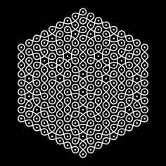 an abstract white pattern on black background, consisting of circles and points in the center