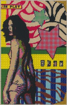 a cross stitch picture of a woman with long hair in front of a colorful background