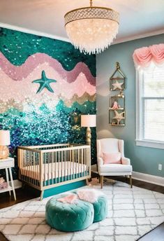 a baby's room decorated in pink, blue and green with stars on the wall