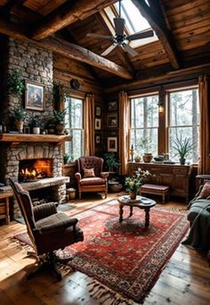 Small Cabin Interior Ideas Log Cabin Vibes, Cedar Cabin Interior Design, North Carolina Home Decor, Rustic Cottage Interiors Small Cabins, Winter Lodge Interior, Americana Cabin, Cabin Aesthetic Interiors, Small Cabin Interiors Cozy, Primitive Interior Design