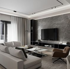 a modern living room with black and white decor