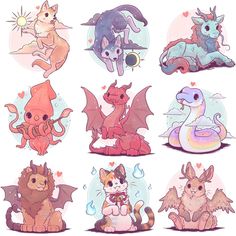 some very cute cartoon animals in different poses