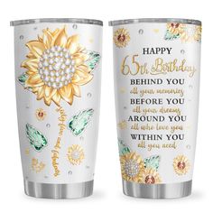 two personalized tumblers with the words, happy birthday and sunflowers on them