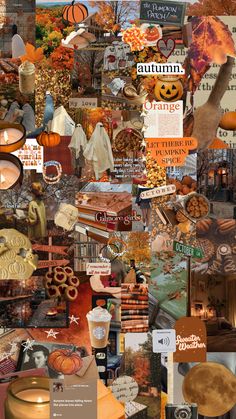 a collage of autumn images with pumpkins, books and other things in them