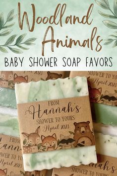 soap bar with woodland animals on it and the words, baby shower soap favors written in brown