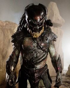 an alien predator standing in front of some rocks