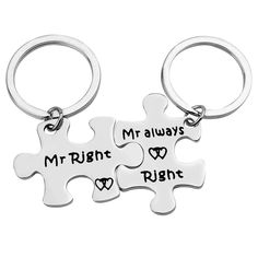 two pieces of puzzle keychain with the words mr and mrs always, right next to each other