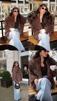 #brown #fall #winter #outfit #winterstyle Brown Fur Hat Outfit, Brown Hair Outfits Winter, Mink Coat Outfit Street Style, All Brown Winter Outfit, Celeb Winter Outfits, Casual But Dressy Outfits Winter, California Winter Style, Winter Outfits With Fur Coat, Winter Fits Aesthetic Cozy