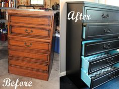 before and after photos of an old dresser turned into a chest of drawers with new paint